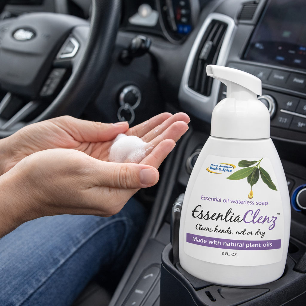 EssentiaClenz waterless soap used in a car interior.